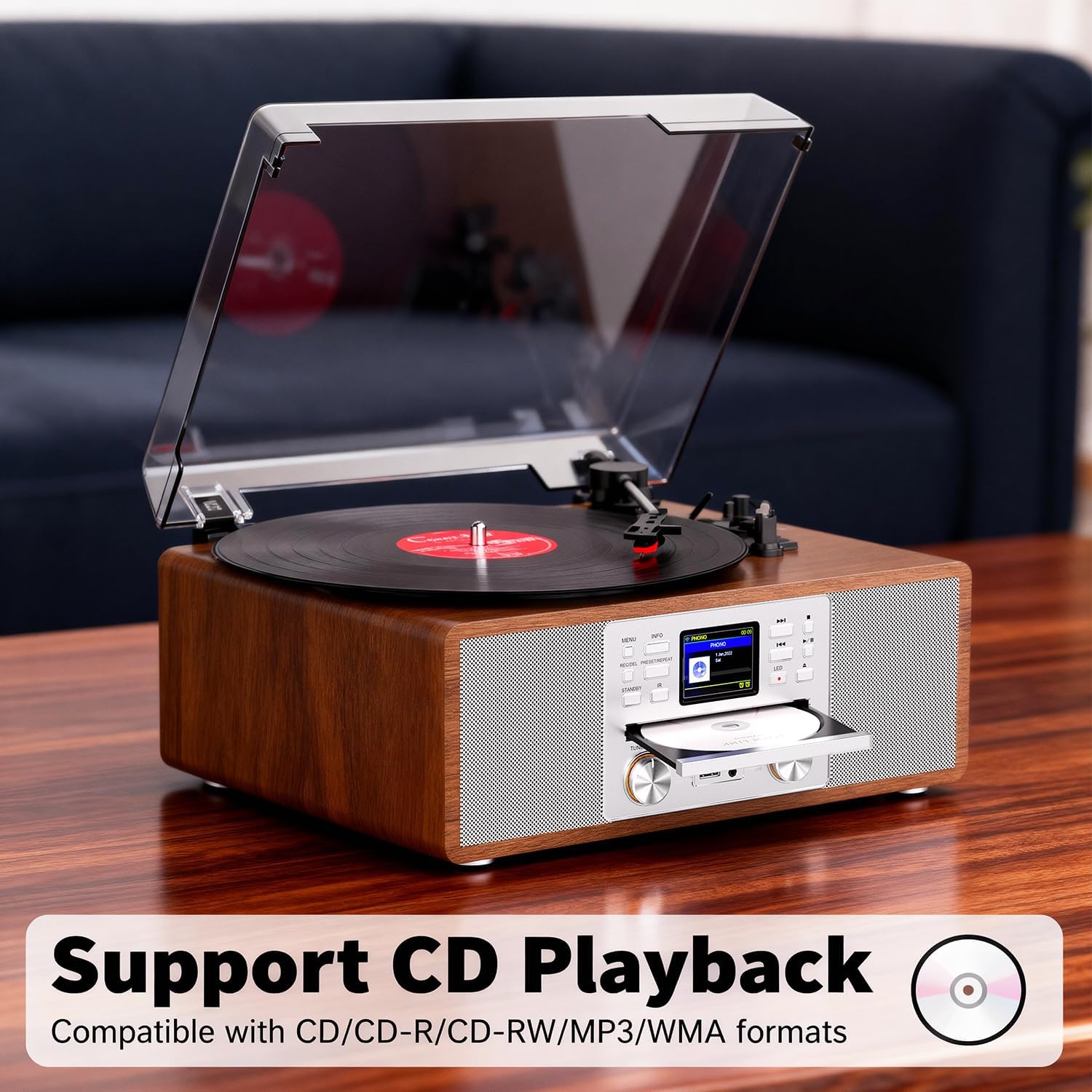 10-in-1 Retro Bluetooth Record Player with Built-in Stereo Speakers | All-in-One 3-Speed Turntable for Vinyl, CD, MP3, USB/SD, Internet Radio | MP3 Recording | Vintage Multimedia Center