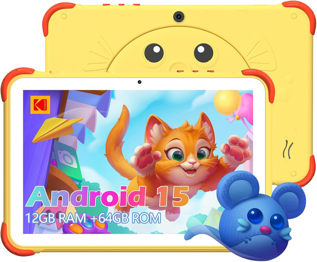 KODAK 10.1 Inch Android 15 Kids Tablet, 12GB RAM+64GB ROM(1TB Expand) Tablet for Kids, 6000mAh Battery, Parental Control, Blue Light Eye Protection, Shockproof Case for Learning