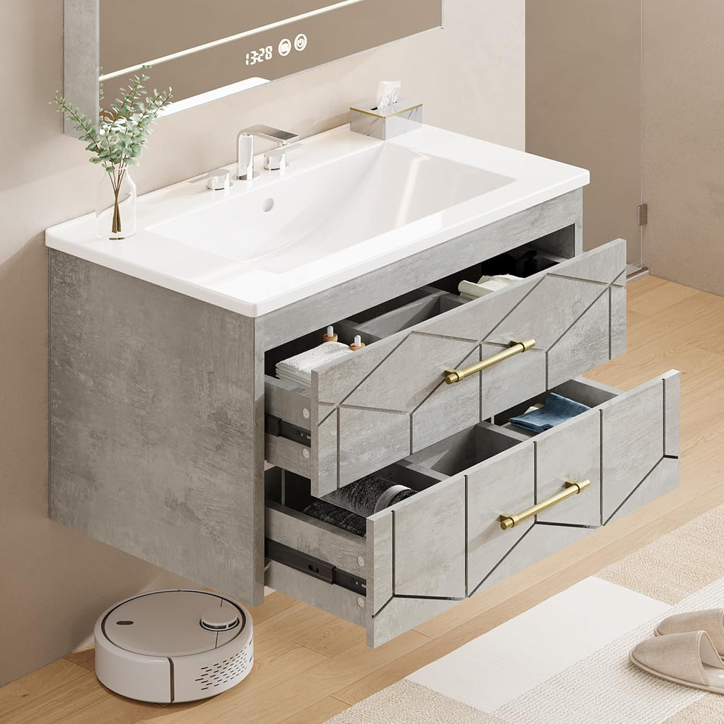 IDEALHOUSE Floating Bathroom Vanity with Sink 24 inch, Modern Bathroom Sink Cabinet, Ceramic Vanity Top, 2 Large Storage Drawers with Gold Metal Handle, Easy to Assembly, Grey