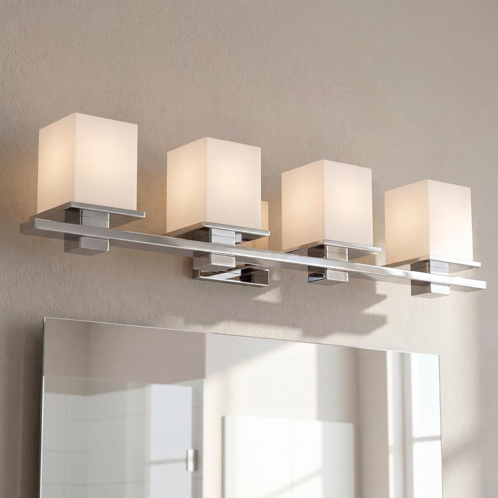 Kichler Tully 32" Vanity Light in Chrome, 4-Light Modern Bathroom Light with Satin Etched Cased Opal Glass, (32" W x 6.5" H), 45152CH