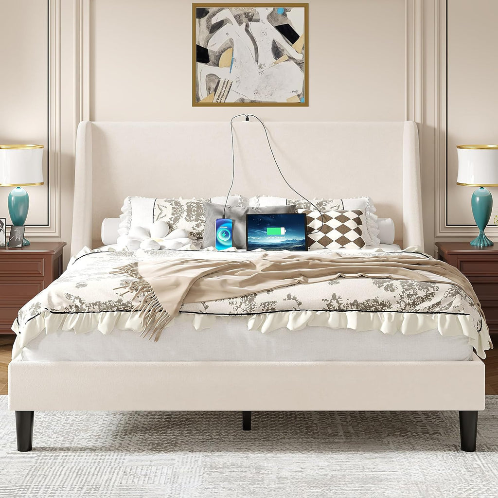 VECELO Queen Bed Frame with Upholstered Wingback Headboard, Heavy-Duty Platform Bedframe with Charging Station, Wooden Slats, No Box Spring Needed, Beige