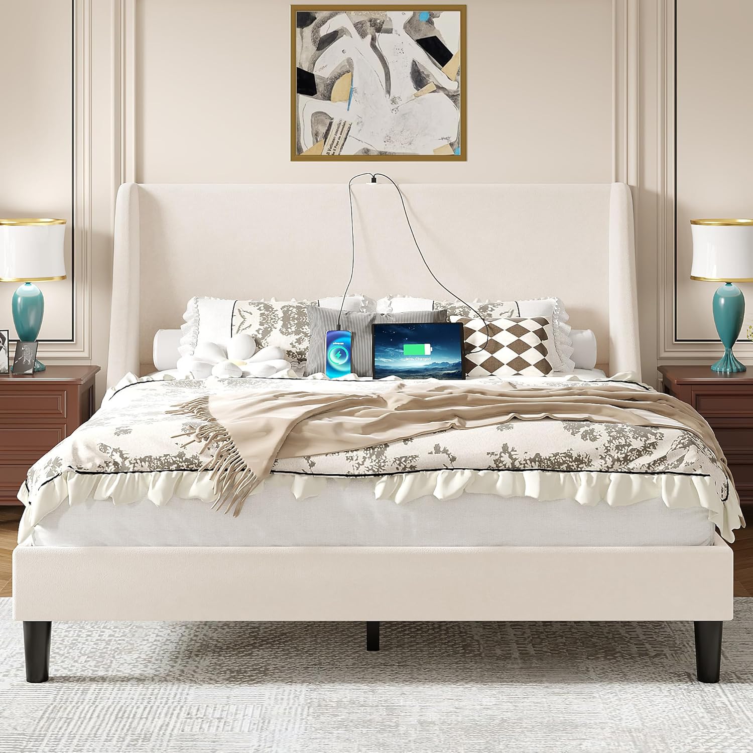 VECELO Queen Bed Frame with Upholstered Wingback Headboard, Heavy-Duty Platform Bedframe with Charging Station, Wooden Slats, No Box Spring Needed, Beige