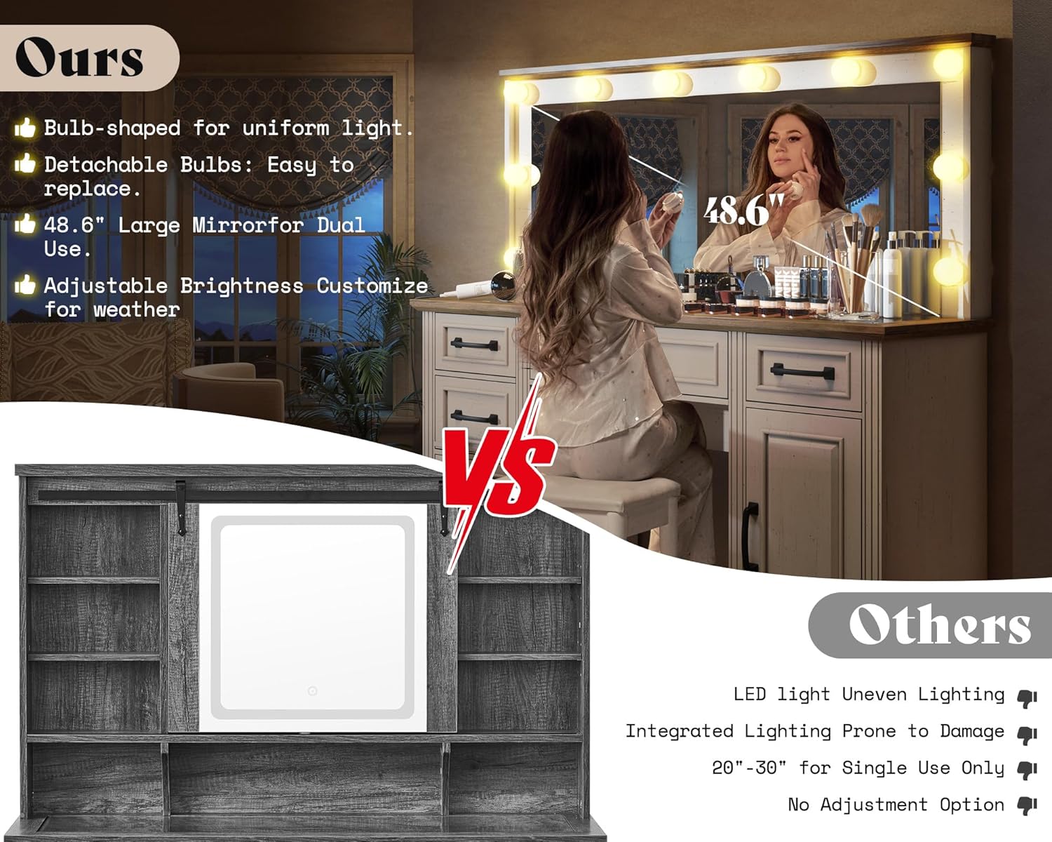 AMERLIFE 55" W Makeup Vanity with Hollywood Mirror, Glass Top Vanity with 5 Drawers & Charging Station, 10 Detachable Light Bulbs, Adjustable Brightness, Antique White