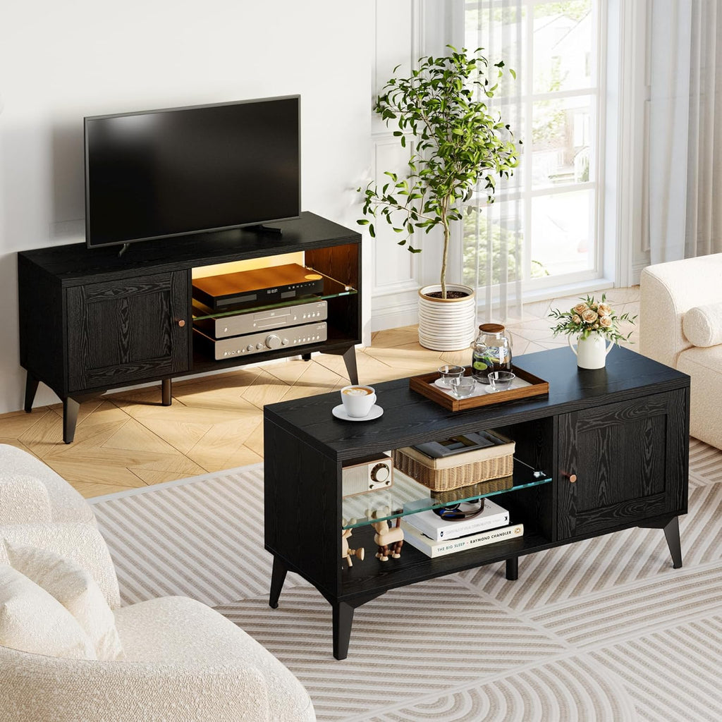 LIKIMIO 2-in-1 TV Stand for 85 Inch TV, Black TV Consoles with LED Lights & Charging Station, Entertainment Center with Storage Cabinets & Adjustable Glass Shelves, TV Table for Living Room & Bedroom