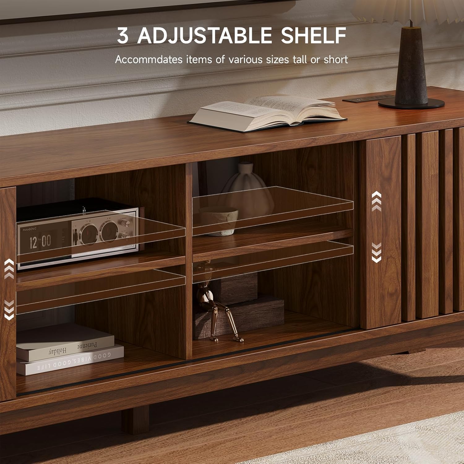 ONBRILL 70-Inch TV Stand for TVs up to 80 Inch, Mid-Century Modern Television Stand with Power Outlet . Entertainment Center with Sliding Grille Door Cabinets and Open Shelves for Living Room, Walnut