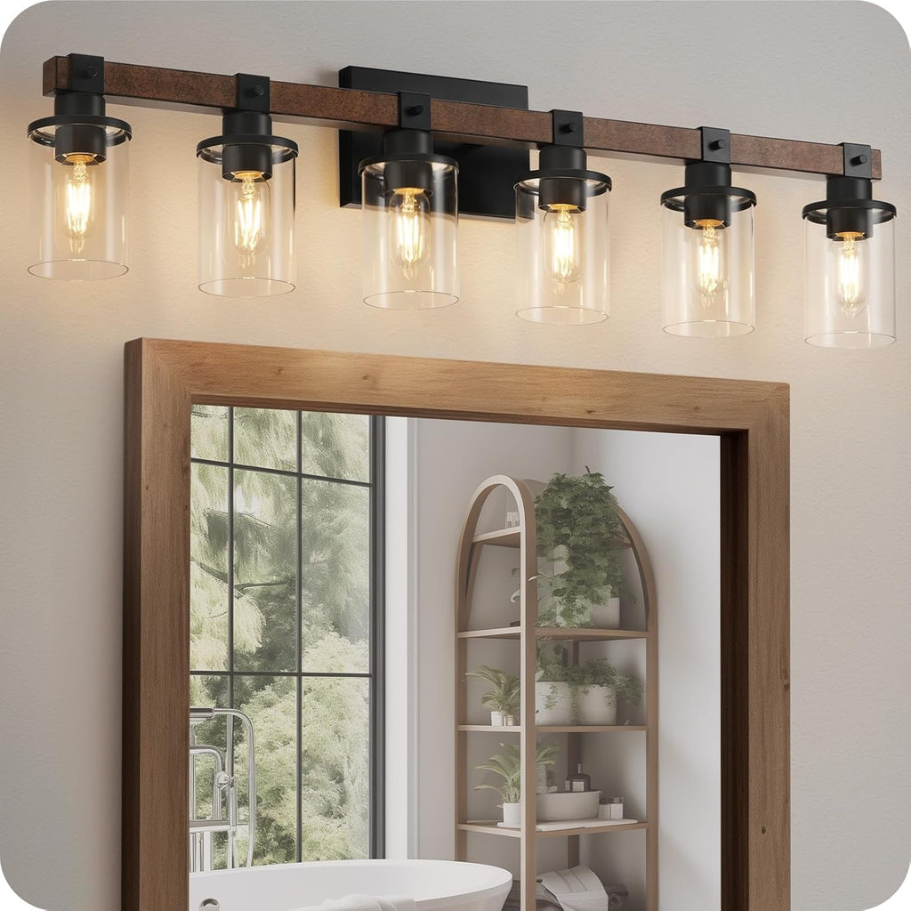 6-Light Bathroom Light Fixture, Vanity Lights for Bathroom with Glass Shade, Rustic Bathroom Light Fixtures, E26 Base F12BD05