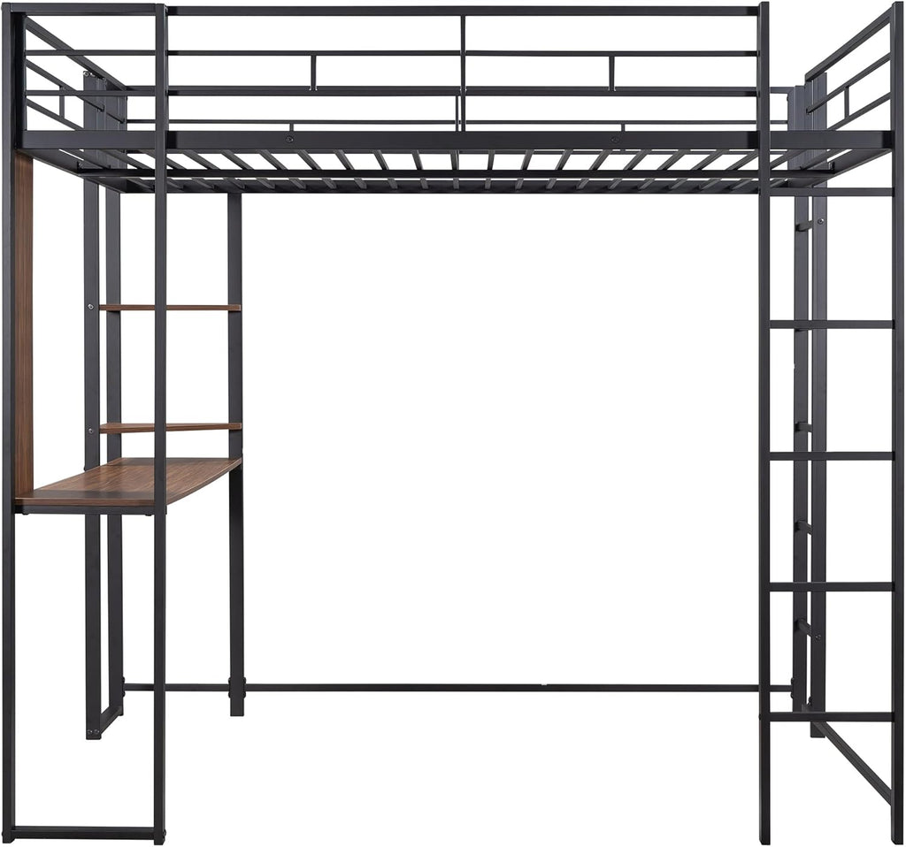 Bellemave Full Size Loft Bed with Desk and Storage Shelf and Ladder, Metal Full Size Loft BedFrame,Black