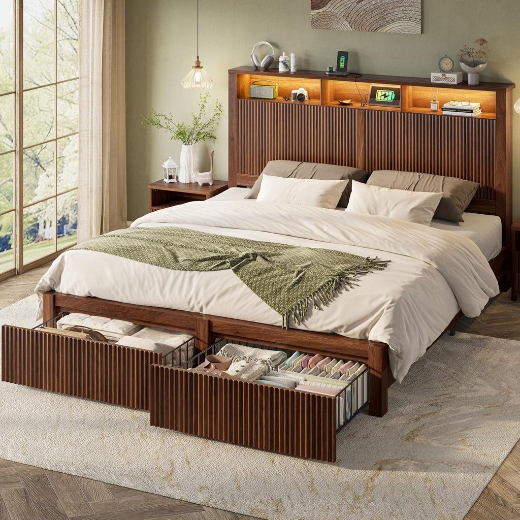 CypBed King Size Bed Frame and Headboard& 2 Storage Drawers, King Bed Frame with LED Light and Charging Port, Farmhouse Wavy Design, Wood & Metal Platform, Noise-Free, No Box Spring Needed, Walnut
