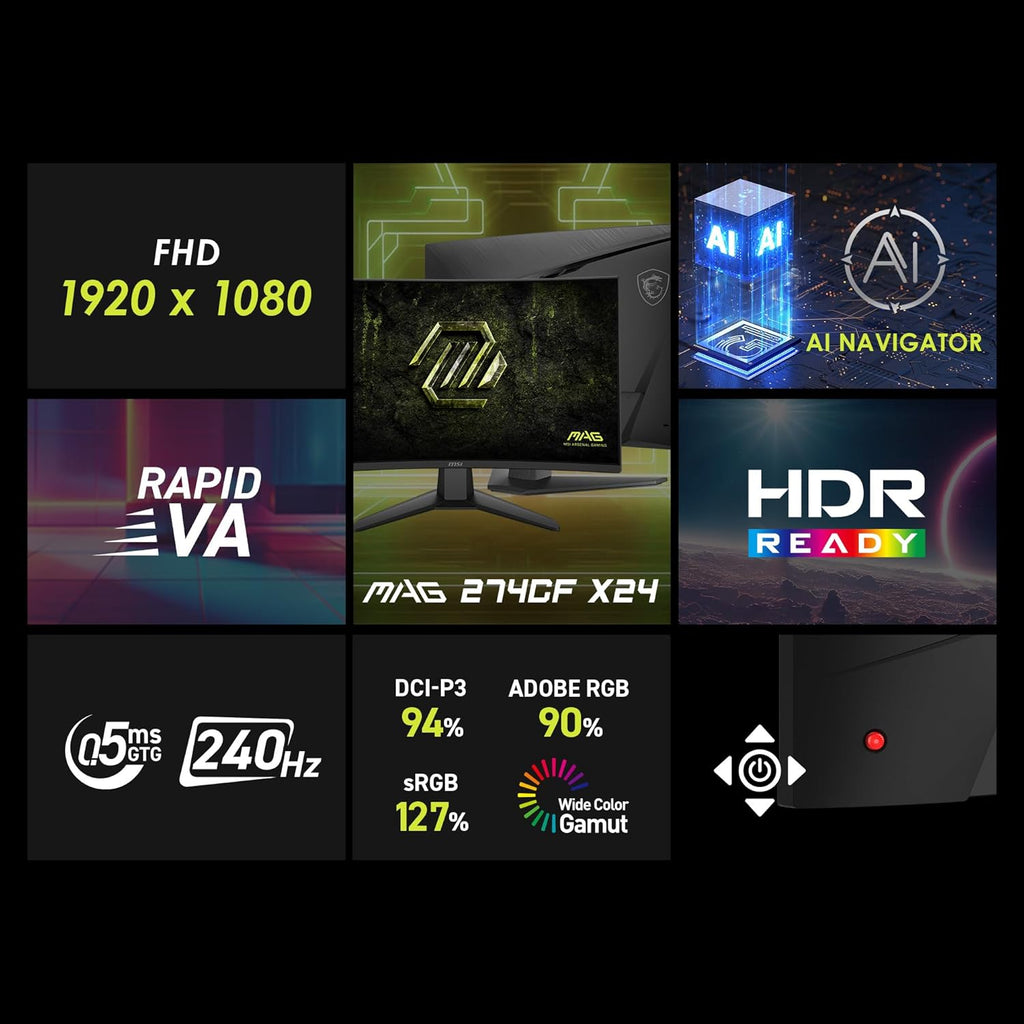 msi MAG 274CF X24 27-inch 1920 x 1080 (FHD) Gaming Monitor, 240Hz, FreeSync Premium, HDR Ready, HDMI, VGA Port, VESA Mountable, Tilt, 4-Side Slim Bezel, 0.5ms, Black