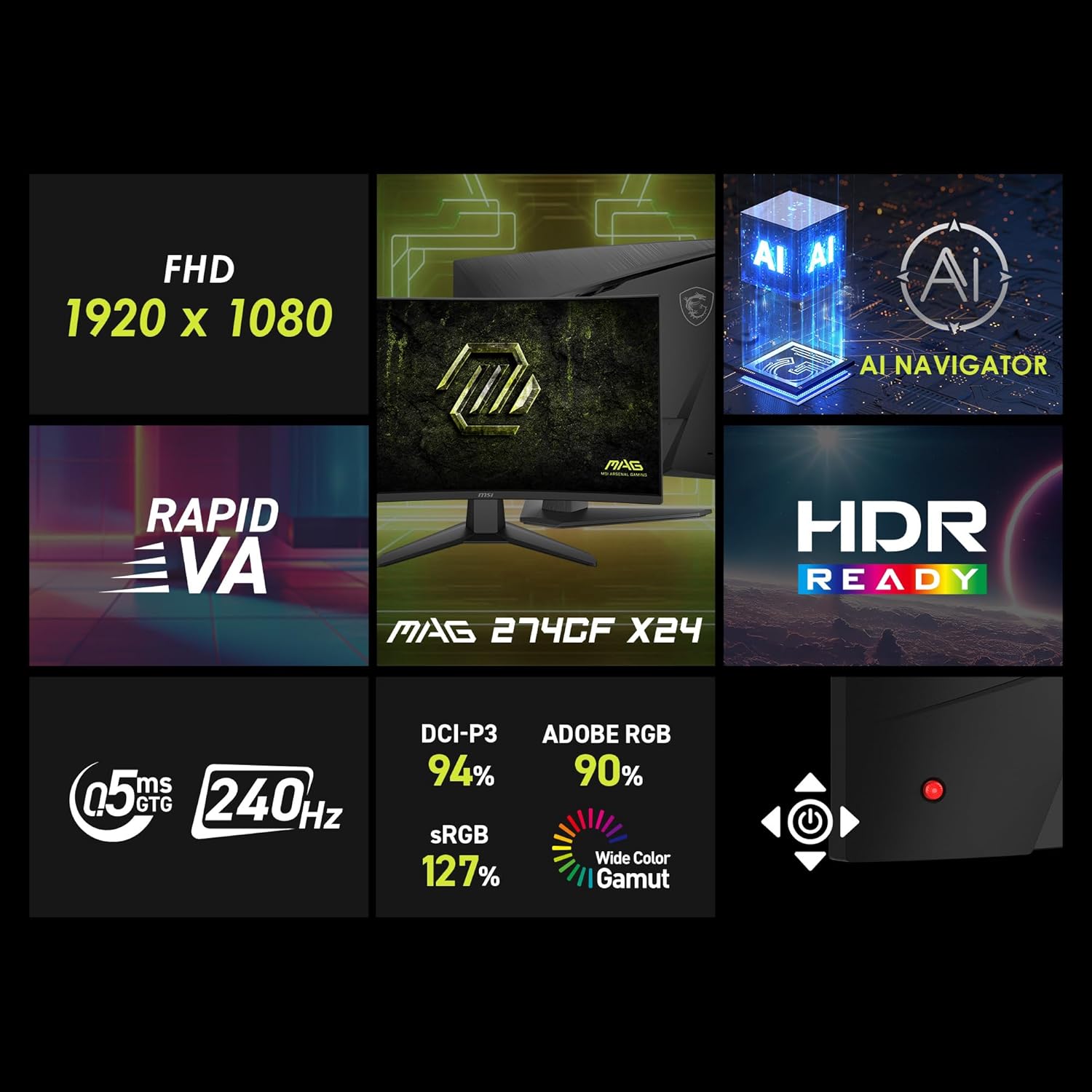 msi MAG 274CF X24 27-inch 1920 x 1080 (FHD) Gaming Monitor, 240Hz, FreeSync Premium, HDR Ready, HDMI, VGA Port, VESA Mountable, Tilt, 4-Side Slim Bezel, 0.5ms, Black