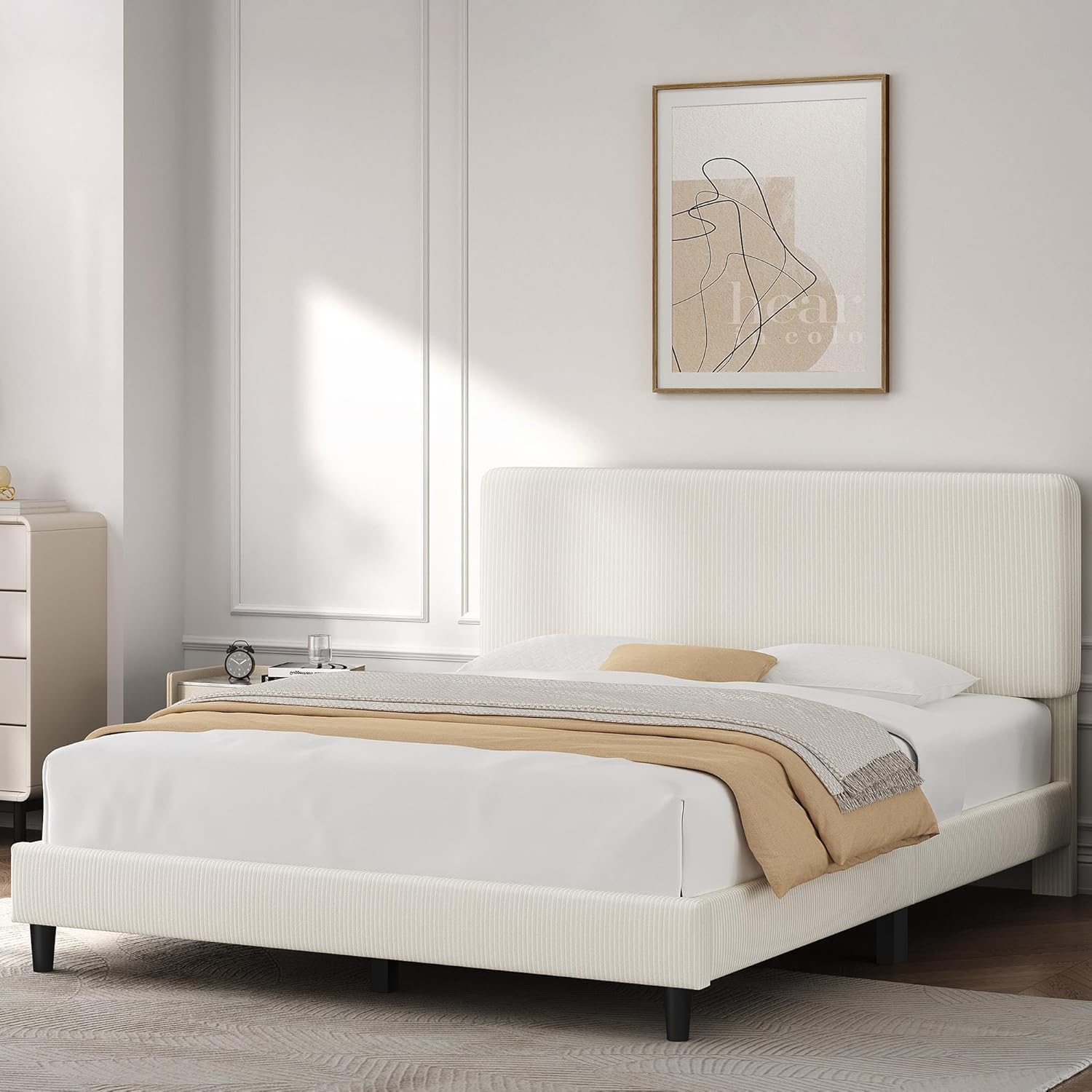 Yaheetech Queen Bed Frames with Adjustable Headboard, Chenille Fabric Upholstered Headboard/Platform Bed, Queen Size Bed Frame No Box Spring Needed/Wood Slats Support/Easy Assembly/Beige