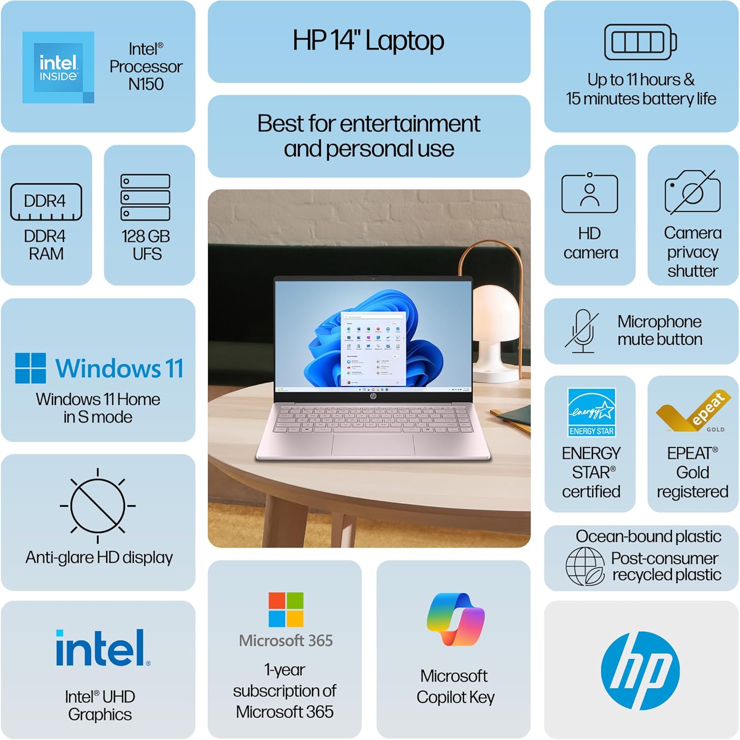 HP 2026 Ultrabook Laptop for Students & Home, Microsoft Office 365 with Copliot AI, 8GB RAM, 256GB SSD + 128GB eMMC Storage, Quad-Cores Intel Processor, Windows 11, Lightweight, Long battery life