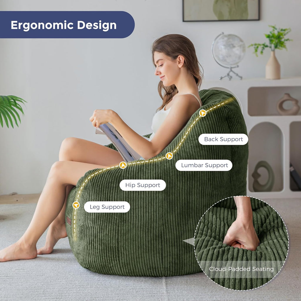 MAXYOYO Bean Bag Chair, Bean Bag Sofa with Filler, Cozy Living Room Chair for Adults and Kids, Stuffed Floor Sofa for Bedroom Dorm Reading, Dark Green