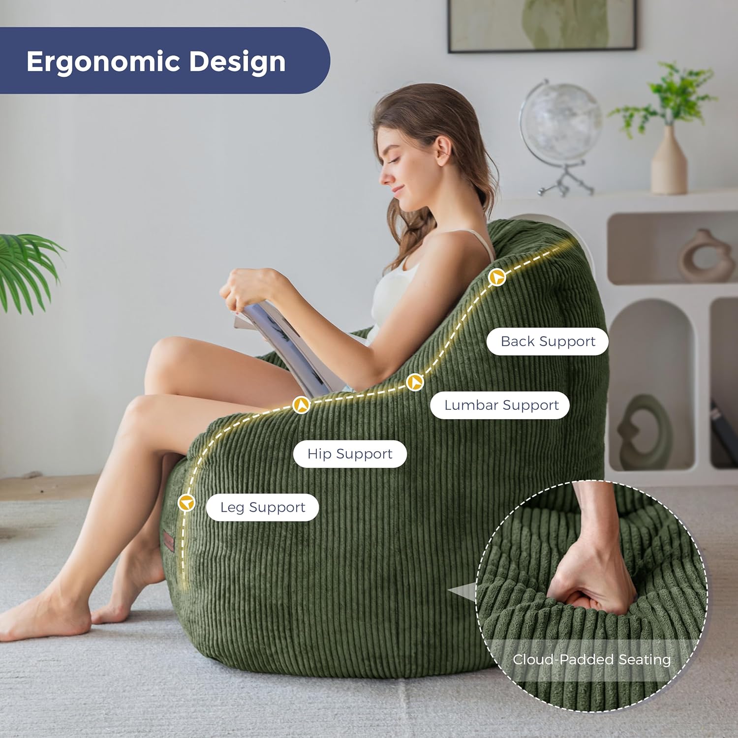 MAXYOYO Bean Bag Chair, Bean Bag Sofa with Filler, Cozy Living Room Chair for Adults and Kids, Stuffed Floor Sofa for Bedroom Dorm Reading, Dark Green