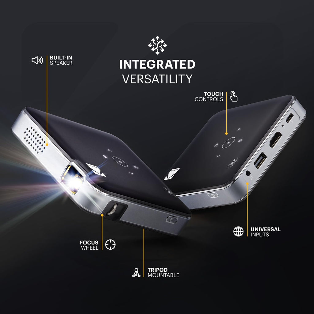 KODAK Luma 150 Pocket DLP Projector Kit - Black - 120-Inch Output for Portable Mini Movie Projector - Miracast & AirPlay Screen Sharing for Wireless Projection - 2.5-Hour Battery-Powered Unit