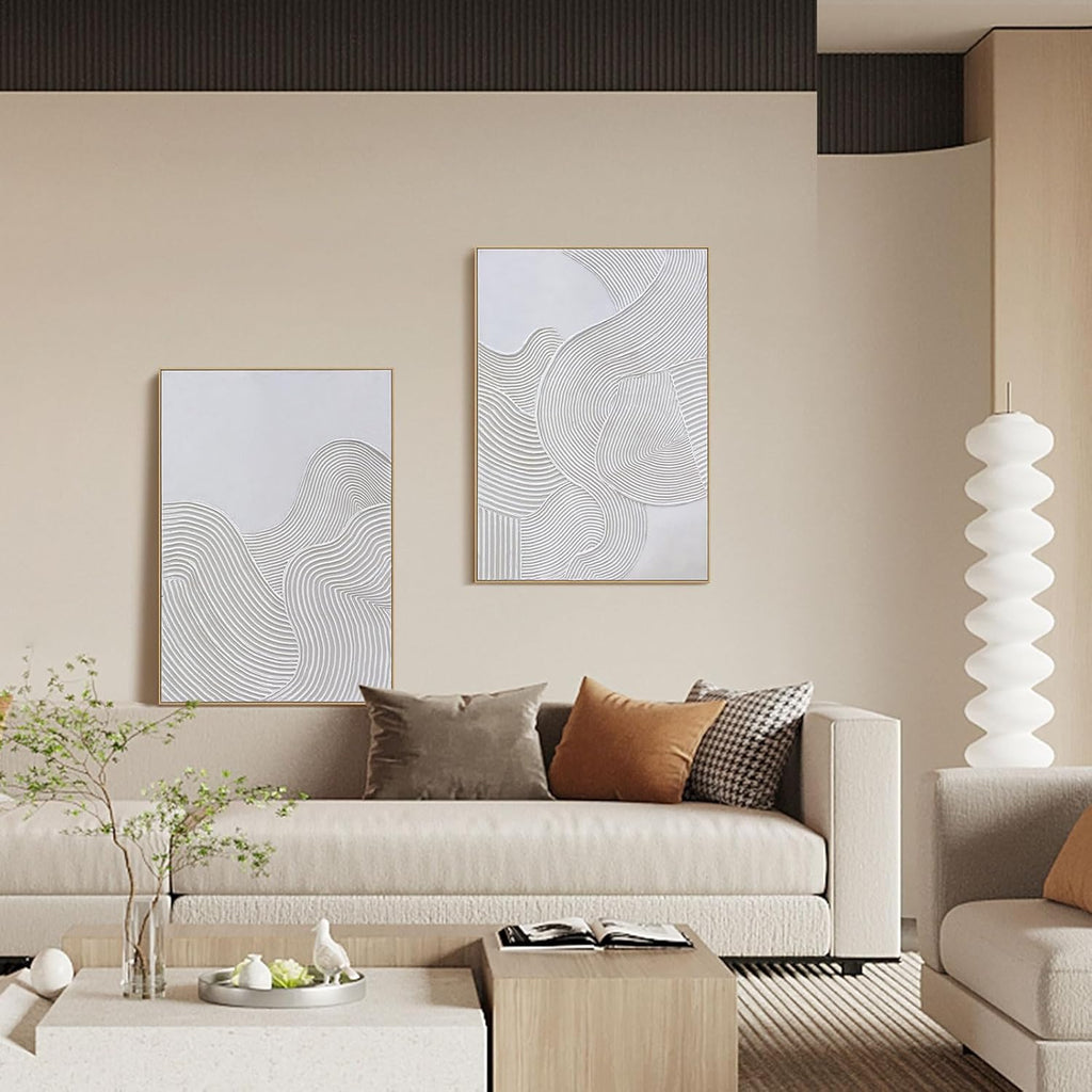 Framed Neutral Abstract Wall-Art Painting - Large Abstract Canvas Wall Decor 3D Curve Illustrations Hand painting for Living Room, Bedroom, Office - 2 Piece 28 x 40 Inch, Ready to Hang