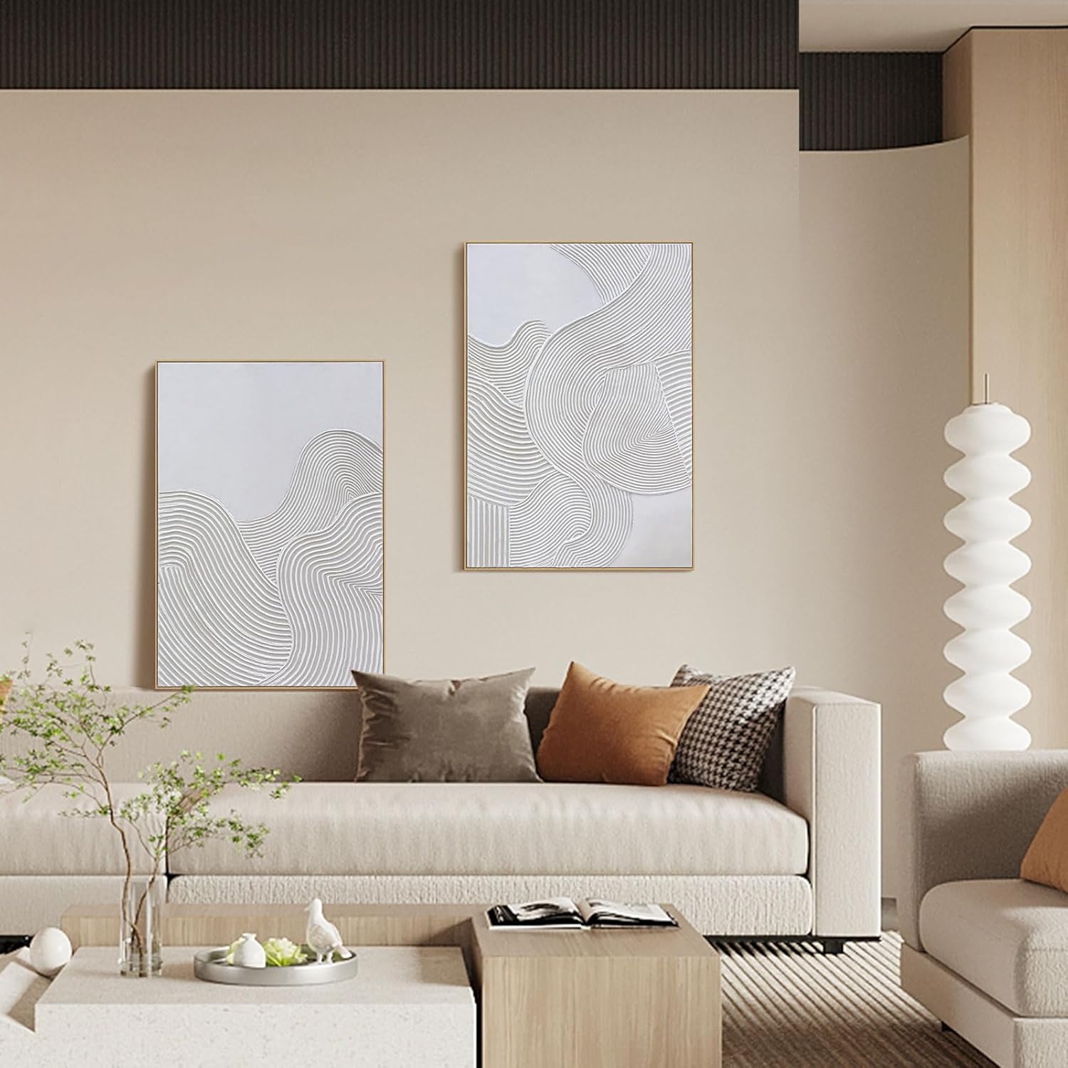 Framed Neutral Abstract Wall-Art Painting - Large Abstract Canvas Wall Decor 3D Curve Illustrations Hand painting for Living Room, Bedroom, Office - 2 Piece 28 x 40 Inch, Ready to Hang