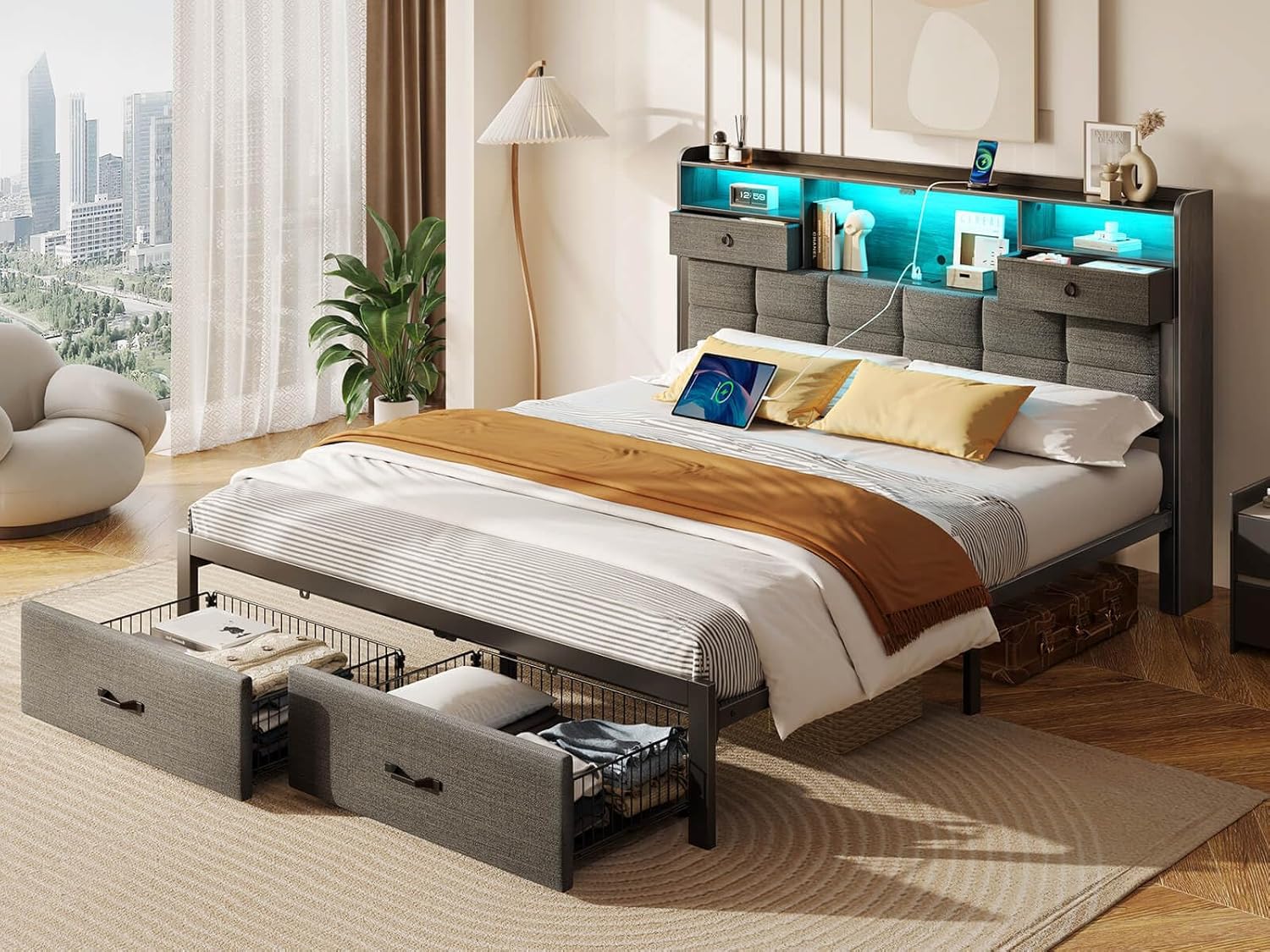 Rolanstar Bed Frame Full Size with Drawers and Charging Station, Upholstered Platform Bed with Storage Headboard and LED Light, Heavy Duty Metal Frame Support, No Box Spring Needed, Noise Free, Grey