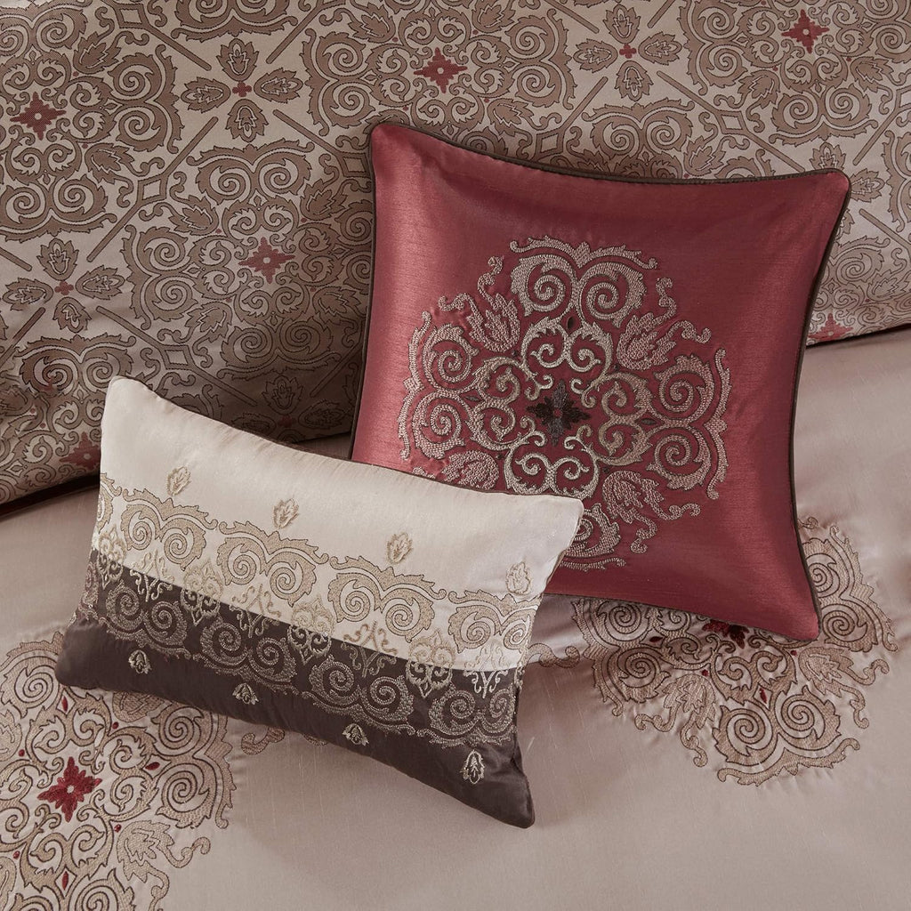 Madison Park Essentials Delaney 24-Piece Room In A Bag Comforter Set-Satin Jacquard, All Season Luxury Bedding, Sheets, decorative pillows and Curtains, Valance, King(104"x92"), Medallion Red