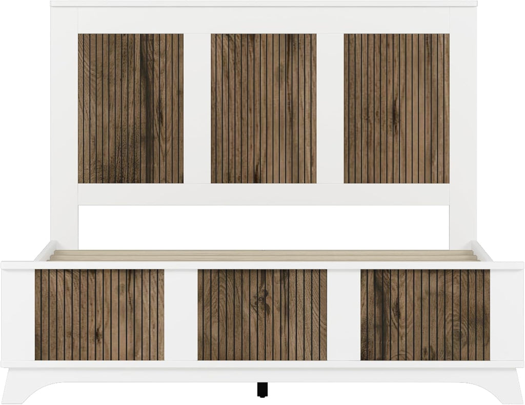 SOFTSEA 4 Piece Farmhouse Queen Size Bedroom Set with Storage, Solid Wood Platform Bed with Wooden Strip Decoration Headboard, 4 Piece Bedroom Furniture Set, White