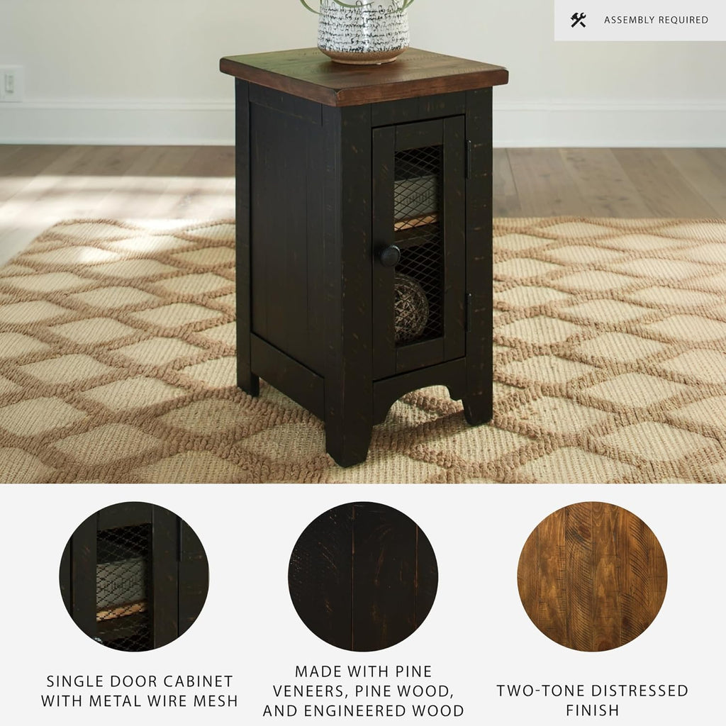 Signature Design by Ashley Valebeck Rustic Farmhouse Chair Side End Table with Cabinet Door, Distressed Black