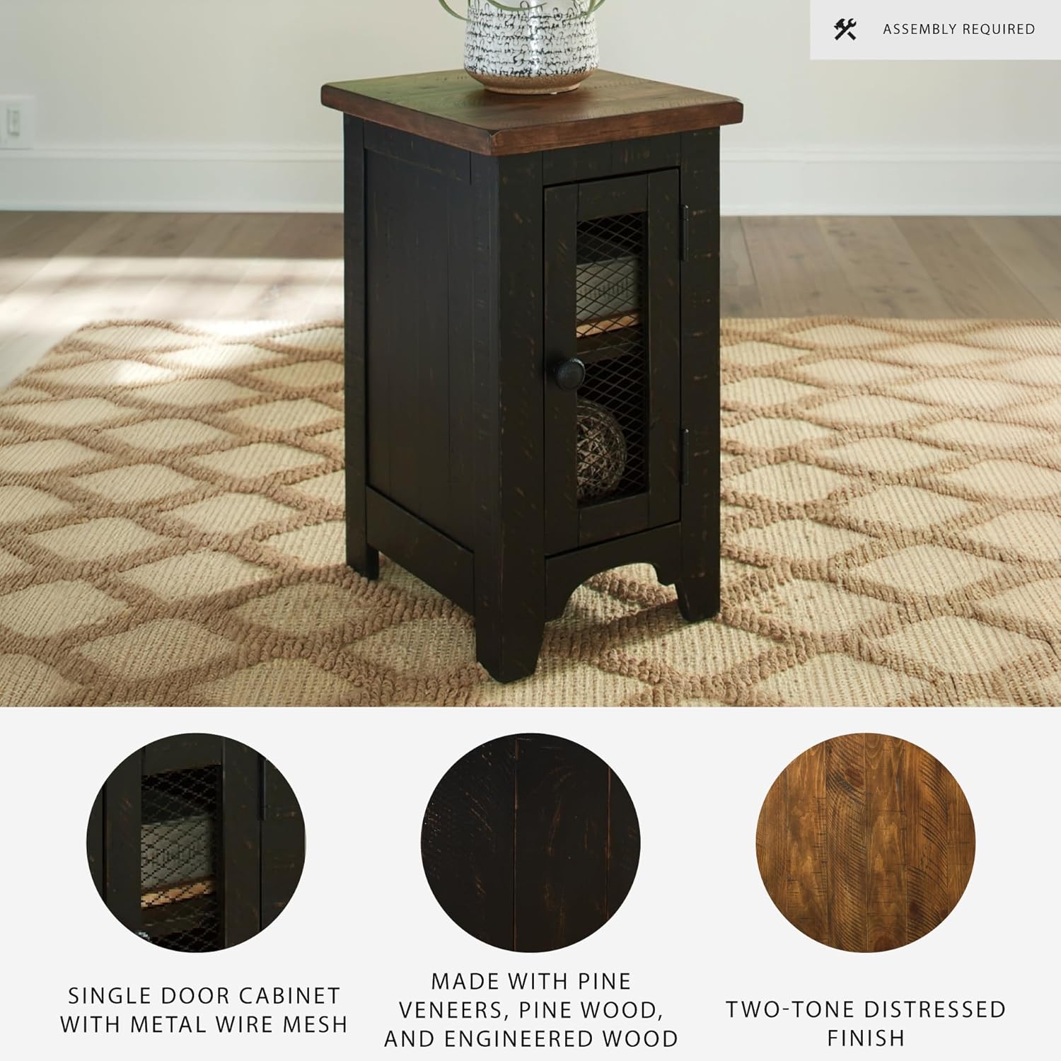 Signature Design by Ashley Valebeck Rustic Farmhouse Chair Side End Table with Cabinet Door, Distressed Black