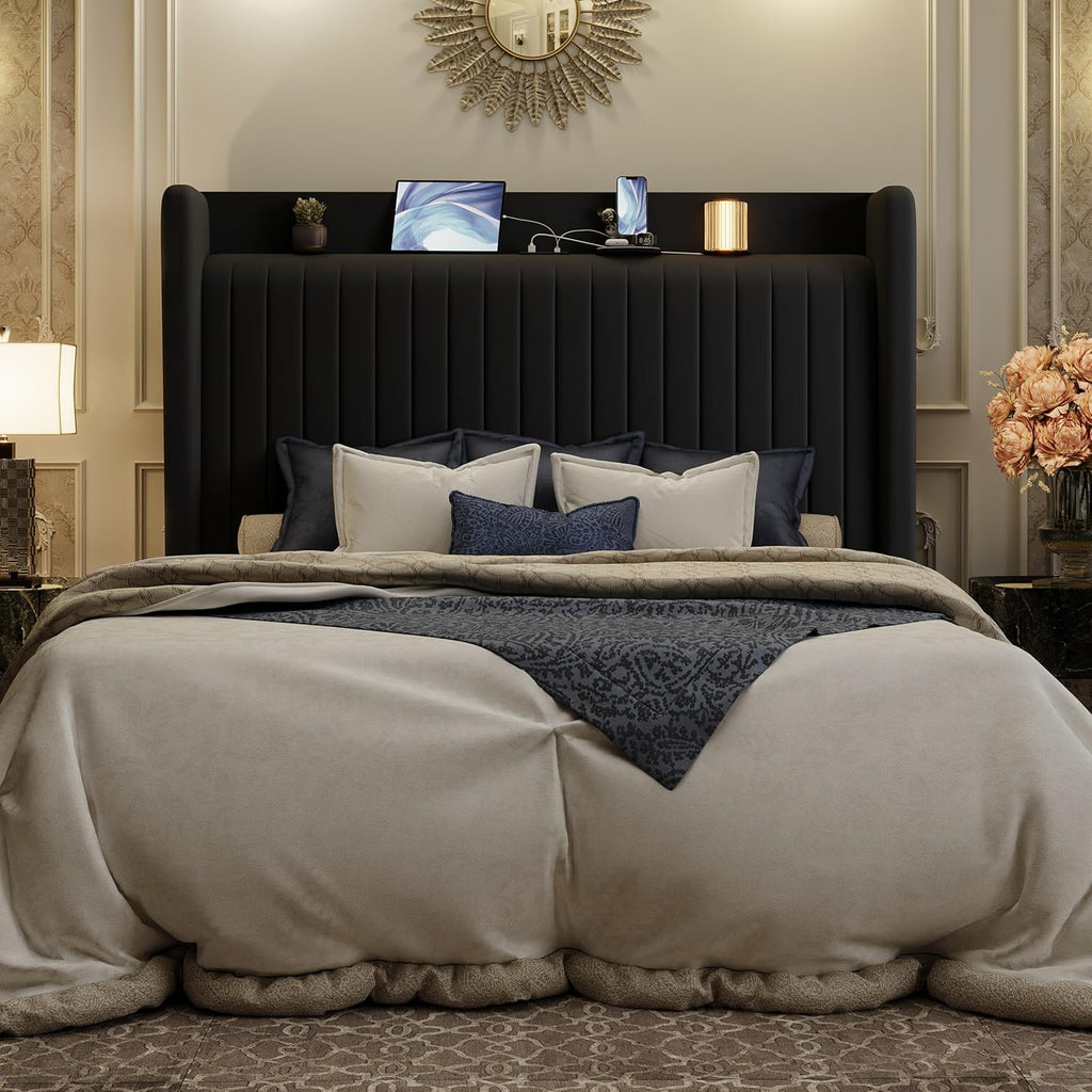 SHA CERLIN Queen Size Velvet Bed Frame with USB Charging Station, Wingback Storage Headboard, Upholstered Platform Bed with Wooden Slats Support, No Box Spring Needed, Easy Assembly, Black