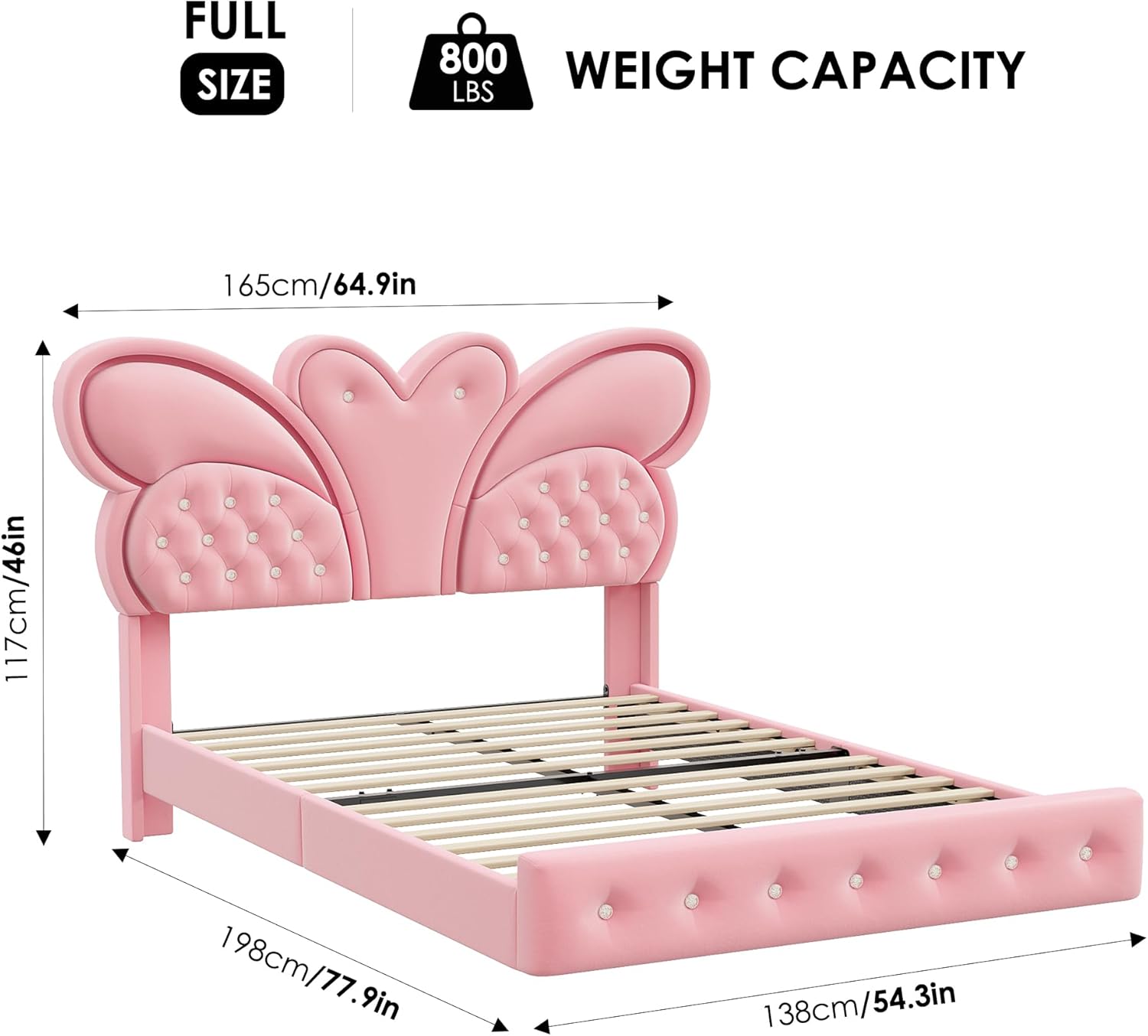 Keyluv Full Bed Frame Butterfly-Pattern Upholstered Headboard, Modern Floating Bed with LED Lights Button Tufted on Headboard and Footboard, Slats Support No Box Spring Needed, Noise-Free, Pink
