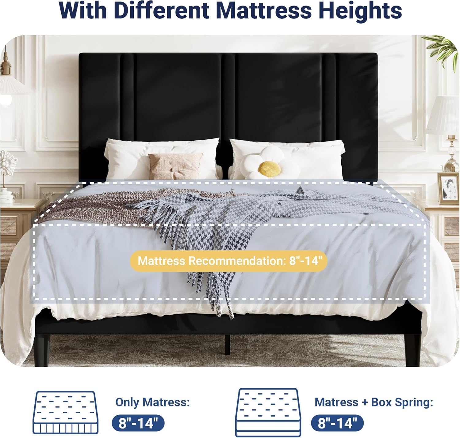 Allewie Queen Platform Bed Frame with Adjustable Headboard, Plush Velvet Upholstered, Vertical Channel Tufted, Sturdy Wooden Slats, No Box Spring Needed, Easy Assembly, Black
