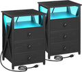 AMHANCIBLE Night Stand Set 2, LED Nightstand with Charging Station, End Side Tables with USB Port & Outlet, Bedside Table with Fabric Drawers for Bedroom, Black, HET053LBK
