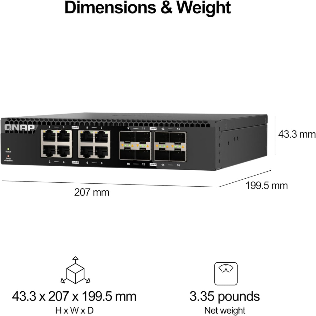 QNAP QSW-3216R-8S8T-US 16-Port Half-Width Rackmount 10GbE Unmanaged Switch for SMB/SOHO high-Speed Networking environmen