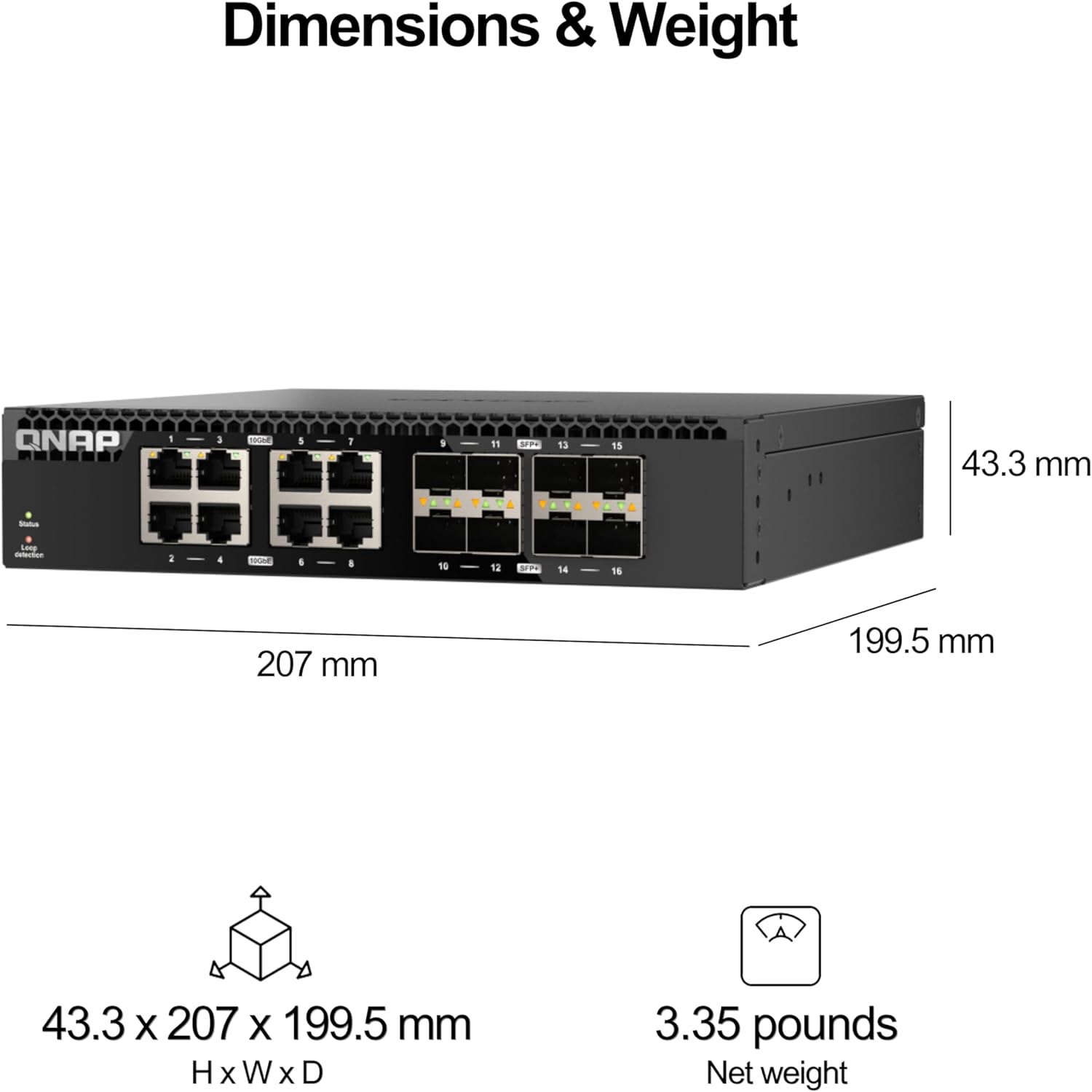 QNAP QSW-3216R-8S8T-US 16-Port Half-Width Rackmount 10GbE Unmanaged Switch for SMB/SOHO high-Speed Networking environmen
