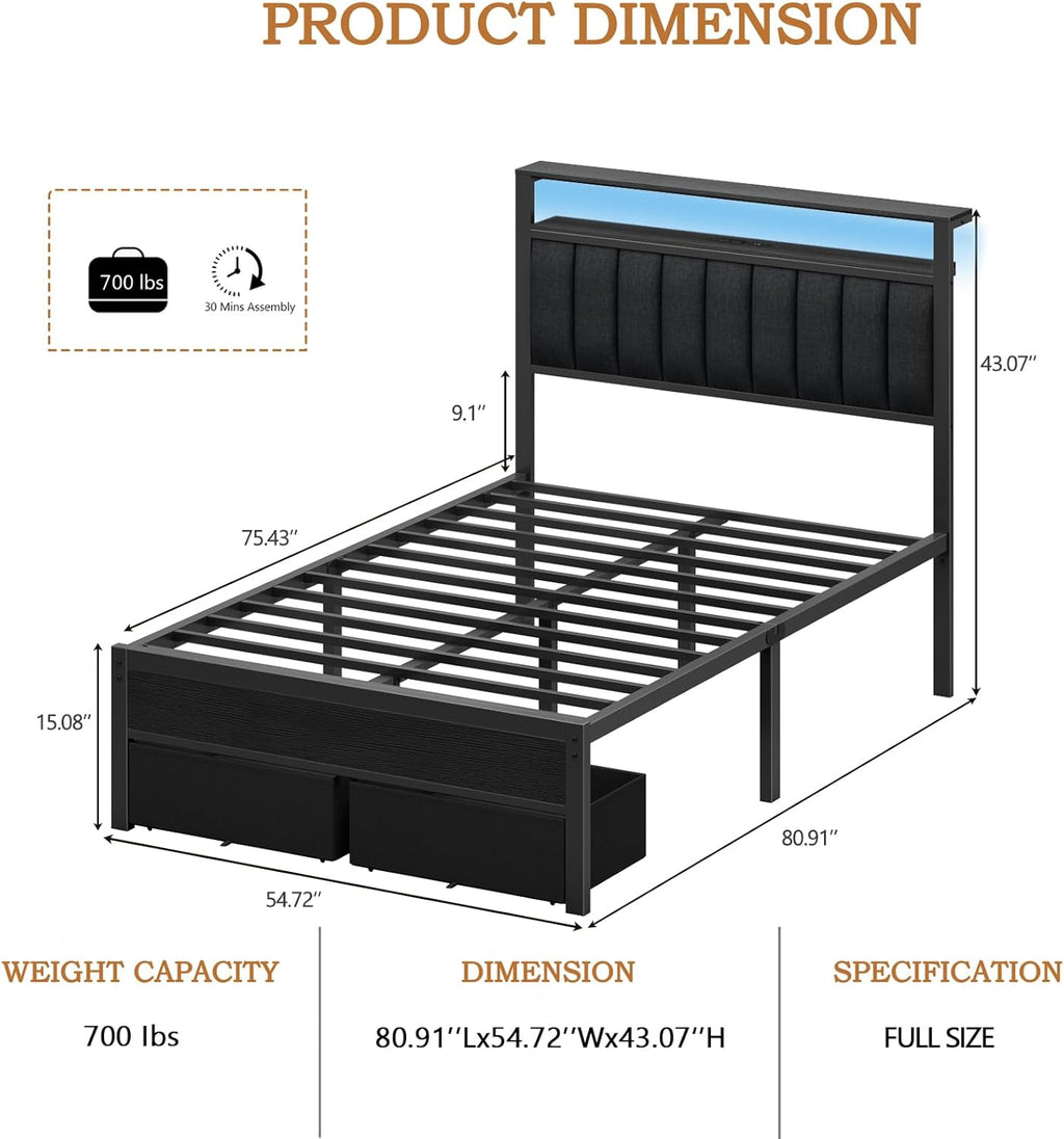 Furnulem Full Size Bed Frame with Charging Station and LED Lights, Grey Upholstered Headboard with Shelves, Metal Platform Bed with 2 Under-Bed Storage (Fabric Drawer on Wheels), No Box Spring Needed