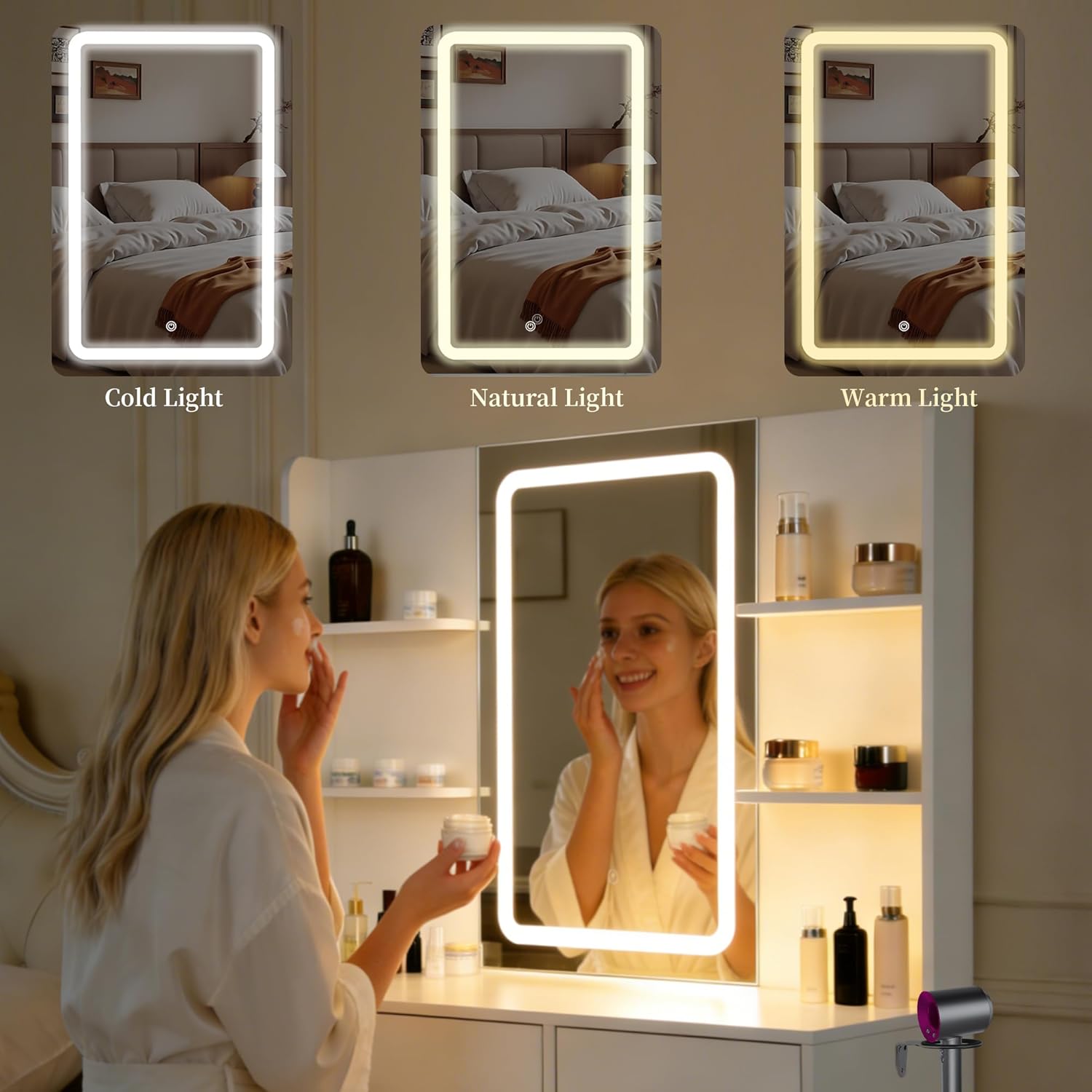 White LED Vanity Table with Three-Color Adjustable Light HD Mirror, USB Charging Port,Leather Stool, Double-Layer Acrylic Cabinet with Ambient Lighting,and Makeup Table with Drawer Storage
