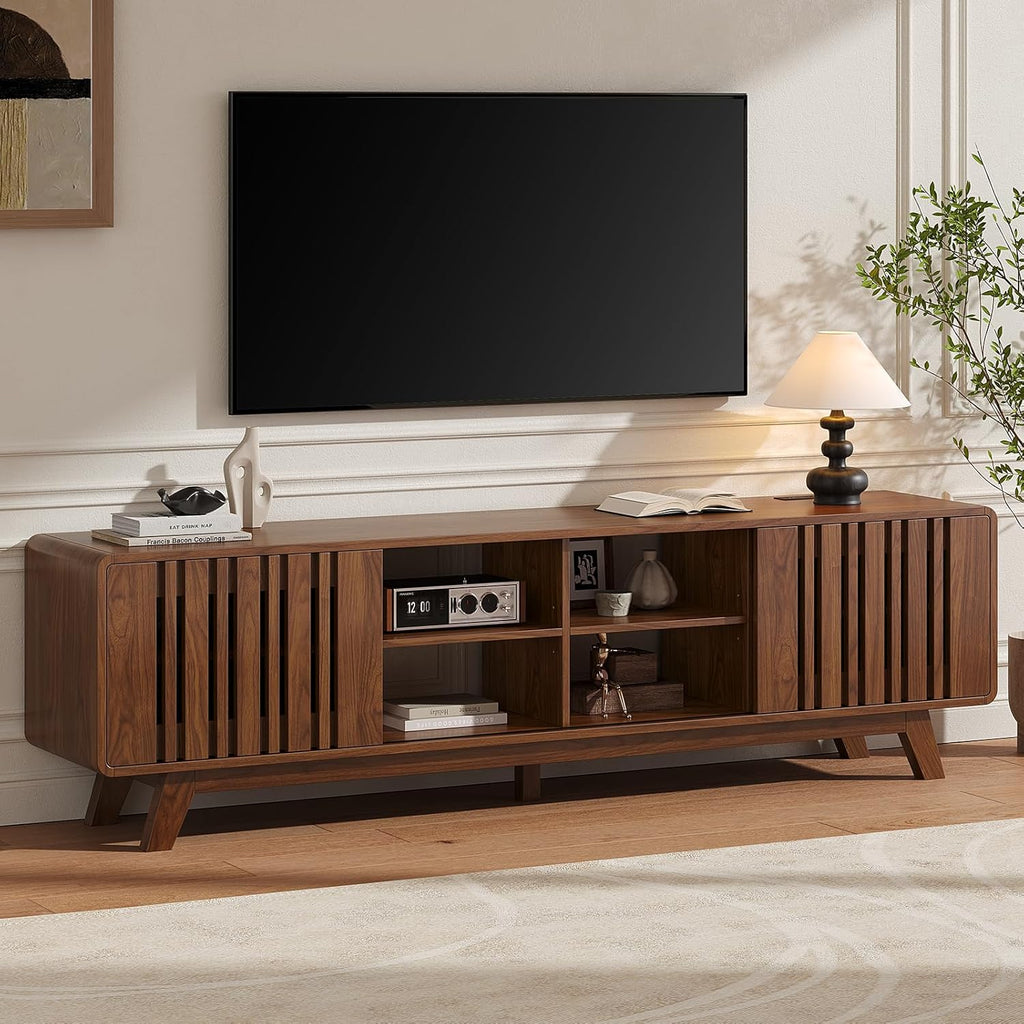 ONBRILL 70-Inch TV Stand for TVs up to 80 Inch, Mid-Century Modern Television Stand with Power Outlet . Entertainment Center with Sliding Grille Door Cabinets and Open Shelves for Living Room, Walnut