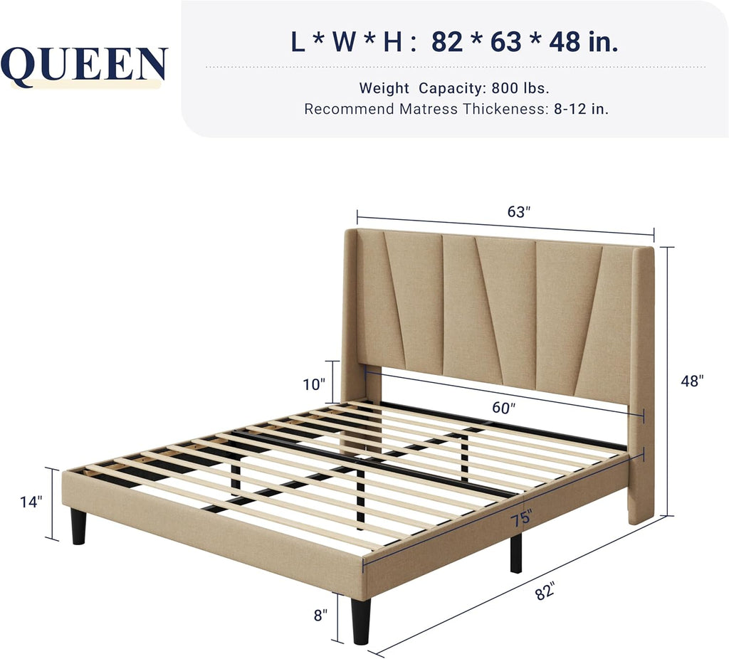 Allewie Queen Size Platform Bed Frame with Geometric Wingback Headboard, Boho Upholstered Bed with Wooden Slats Support, No Box Spring Needed, Easy Assembly, Beige