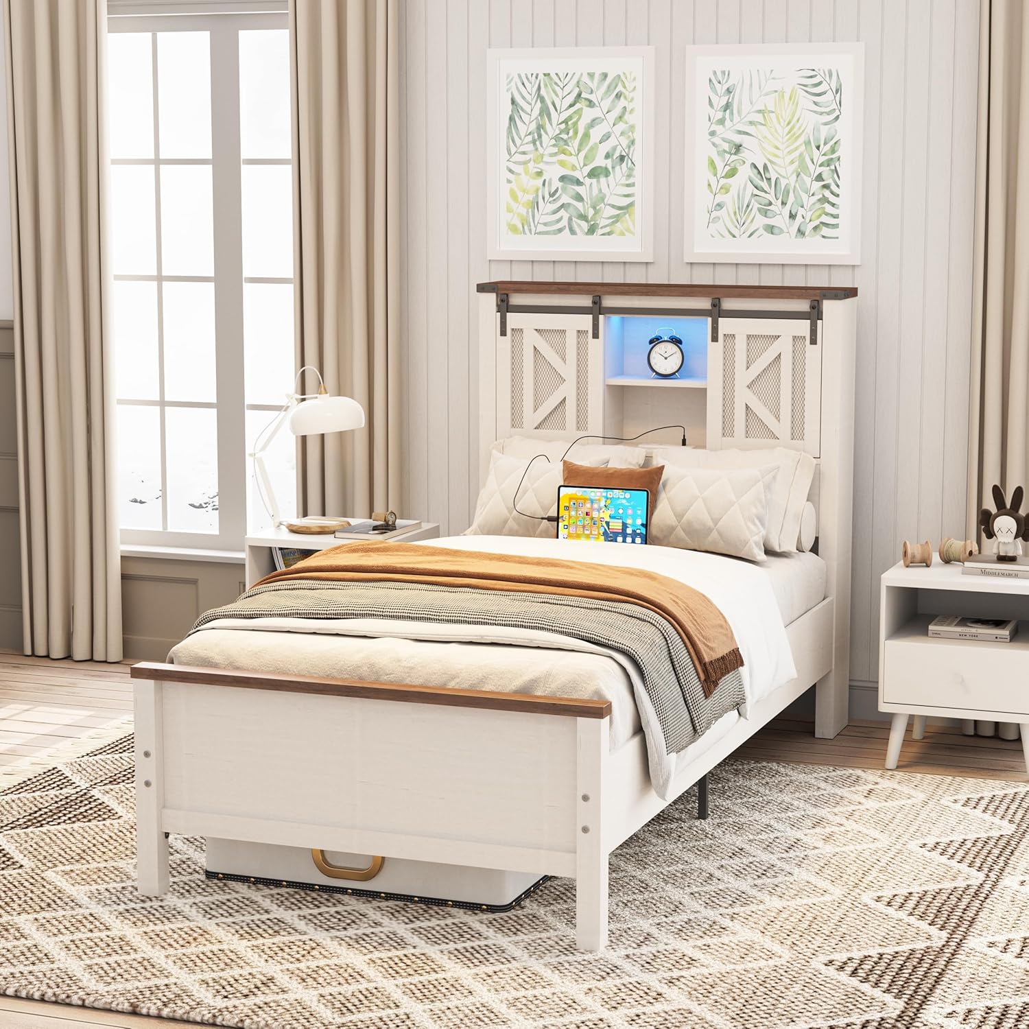 Vabches Farmhouse Twin Size Bed Frame with Storage Bookcase Headboard, LED Lights and Charging Station, Sliding Barn Door and Adjustable Shelves, No Box Spring Needed, White