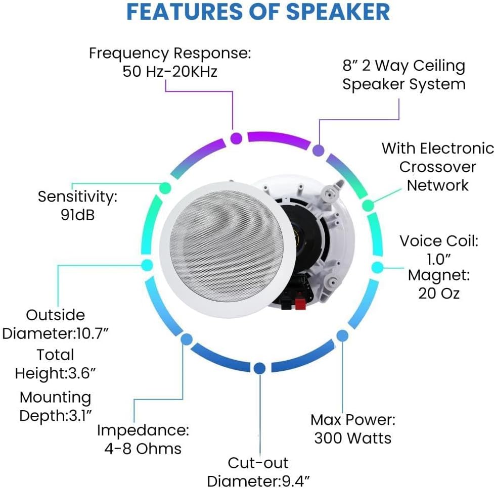 Technical Pro Home Theater Sound System Kit - 2000 Watts Bluetooth Amplifier w/ 6 Qty of 8" Framed Ceiling Speakers 300 W Each, 300 ft Speaker Wire & Remote for Home, Bar, Office, Restaurant