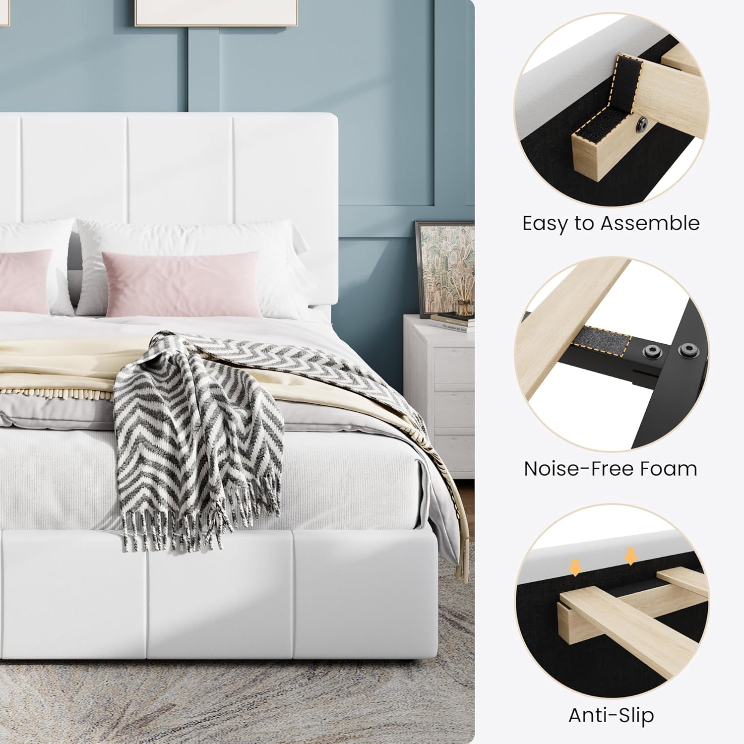 SHA CERLIN Full Size Bed Frame, Velvet Upholstered Platform Bed, Vertical Channel Tufted Adjustable Headboard, Low Profile Bed Frame, No Box Spring Needed, Easy Assembly, White