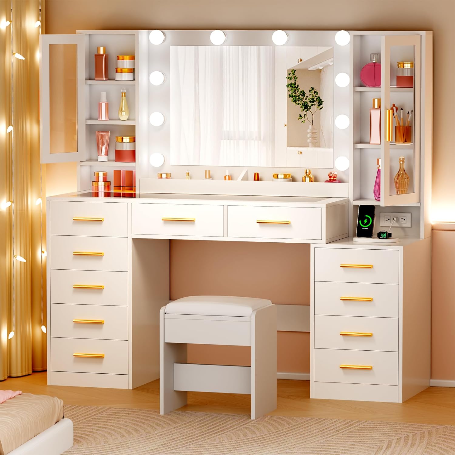53.15" Large Vanity Desk with Mirror and Lights,White Makeup Vanity with Glass Top Power Outlet Vanity Table with 11 Drawers 6 Shelves Dressing Table Stool Set for Bedroom Women UXFST008W