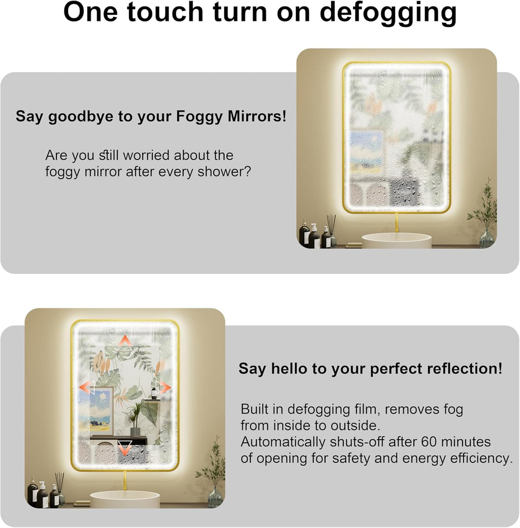 24x36 inch LED Bathroom Mirror with Bluetooth, Adjustable 3000K/4500K/6000K, Stepless Dimming, Anti-Fog, Gold Aluminum Frame Front & Backlit Lighted Wall Mounted Vanity Mirror