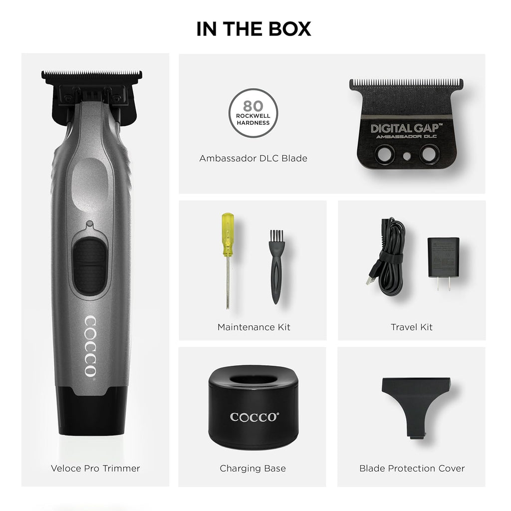 Cocco Veloce Pro Trimmer, Digital Gap Ambassador DLC Blade Edger, High-Torque Brushless BLDC Motor, Cordless, All-Metal Design, Lithium-Ion Battery, Charging Base Included,
