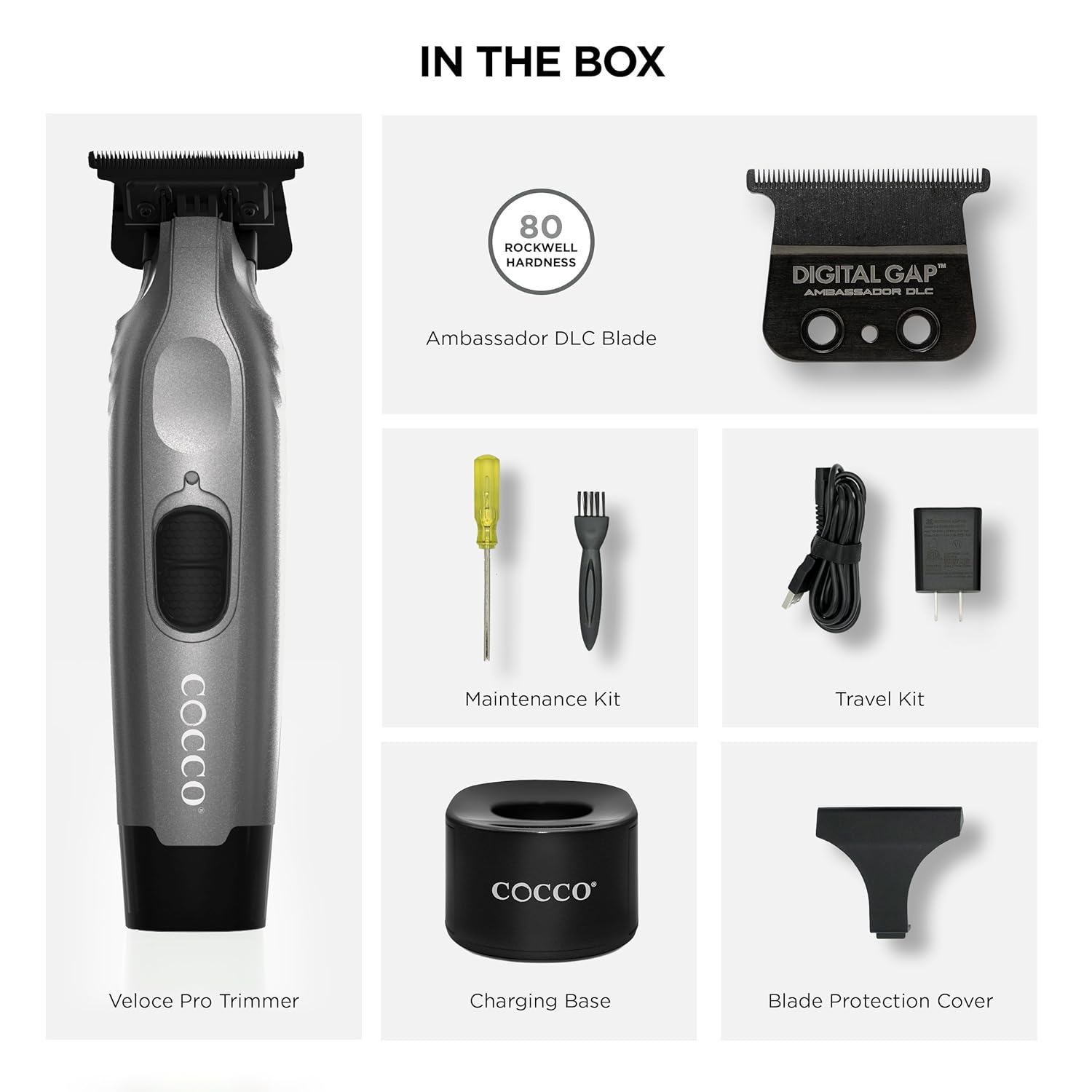 Cocco Veloce Pro Trimmer, Digital Gap Ambassador DLC Blade Edger, High-Torque Brushless BLDC Motor, Cordless, All-Metal Design, Lithium-Ion Battery, Charging Base Included,