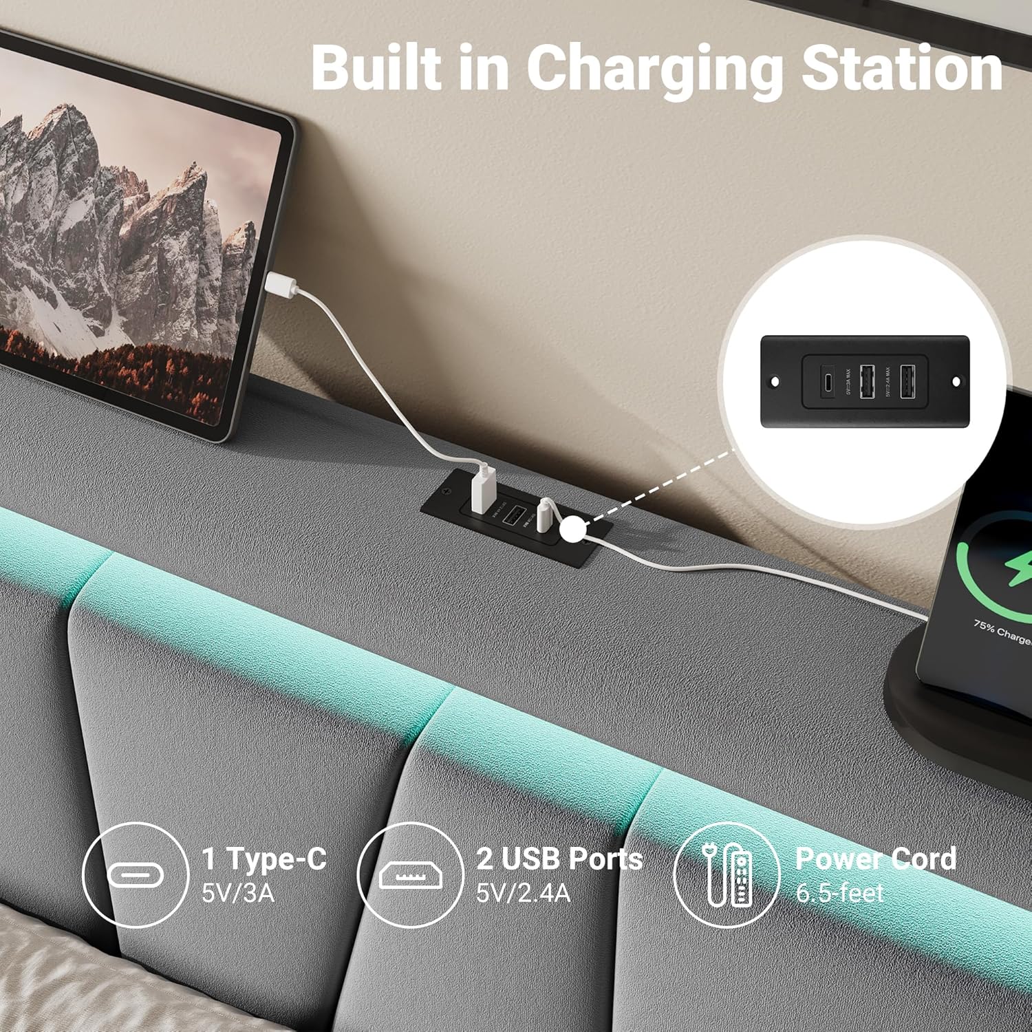 Allewie Queen Size LED Bed Frame with Charging Station, Velvet Upholstered Platform Bed with Geometric Wingback Headboard, Modern Frame with No Box Spring Needed, Easy Assembly, Grey