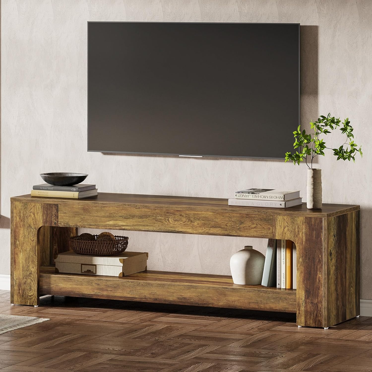Tribesigns TV Stand for Living Room for 55/60/65/75-Inch TVs, Farmhouse Rustic TV Console with Storage Shelves, 63" Entertainment Center Television Stand for Bedroom, Brown