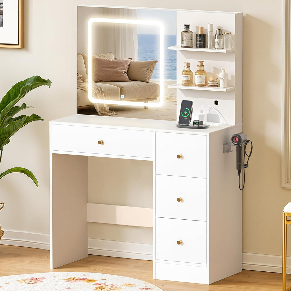 Makeup Vanity Desk with Mirror and Lights, 37" White Vanity Desk with Power Outlet & USB, 3 Modes Dimmable LED Mirror with 4 Drawers, Modern Vanity Table for Bedroom