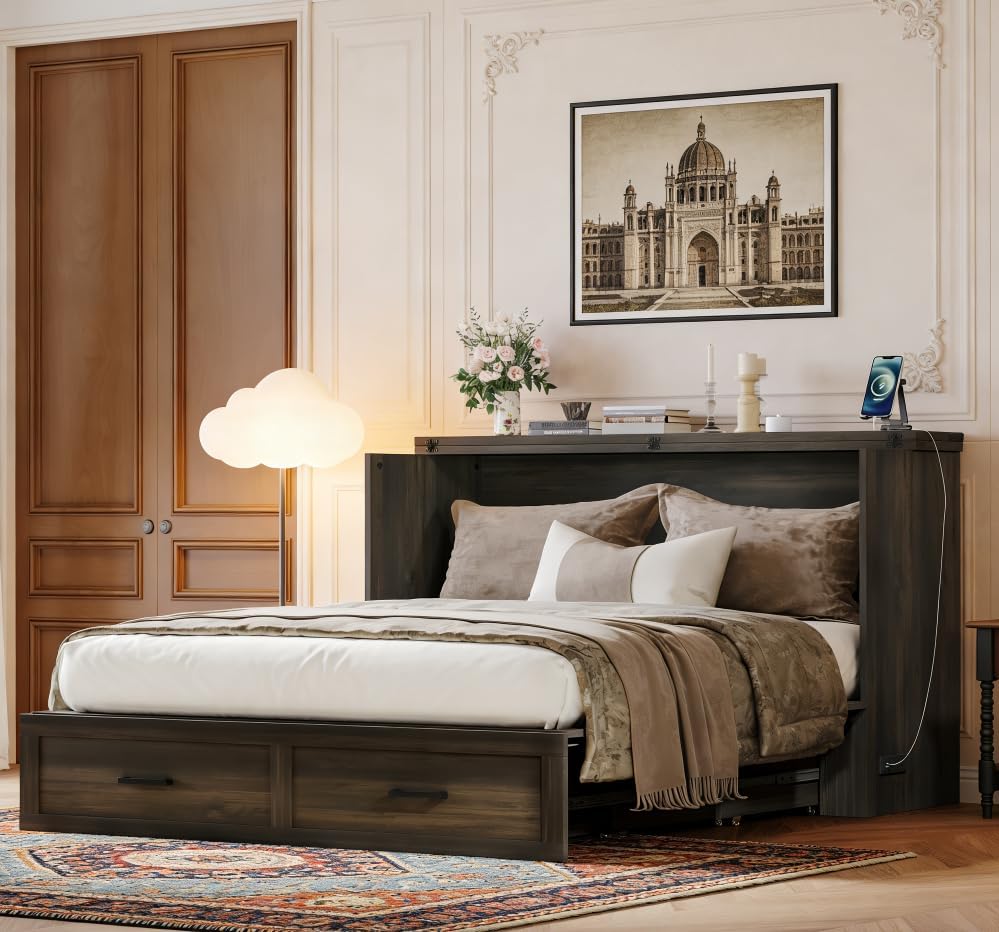 Bellemave Queen Murphy Bedframe, Cabinet Bed with Charging Station and Storage, Farmhouse Murphy Cabinet with Foldable Panel, Noisy Free, for Guest Bedroom, Living Room, Office, Rustic Gray