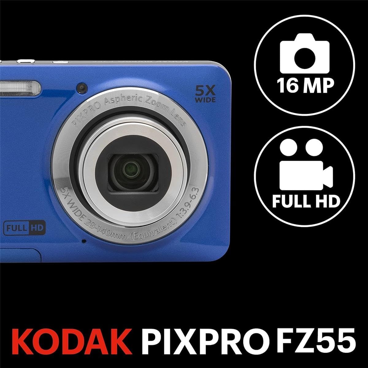 KODAK PIXPRO FZ55-BK 16MP Digital Camera 5X Optical Zoom 28mm Wide Angle 1080P Full HD Video 2.7" LCD Vlogging Camera. Bundle with SD Card and Slinger Camera Bag (Blue)