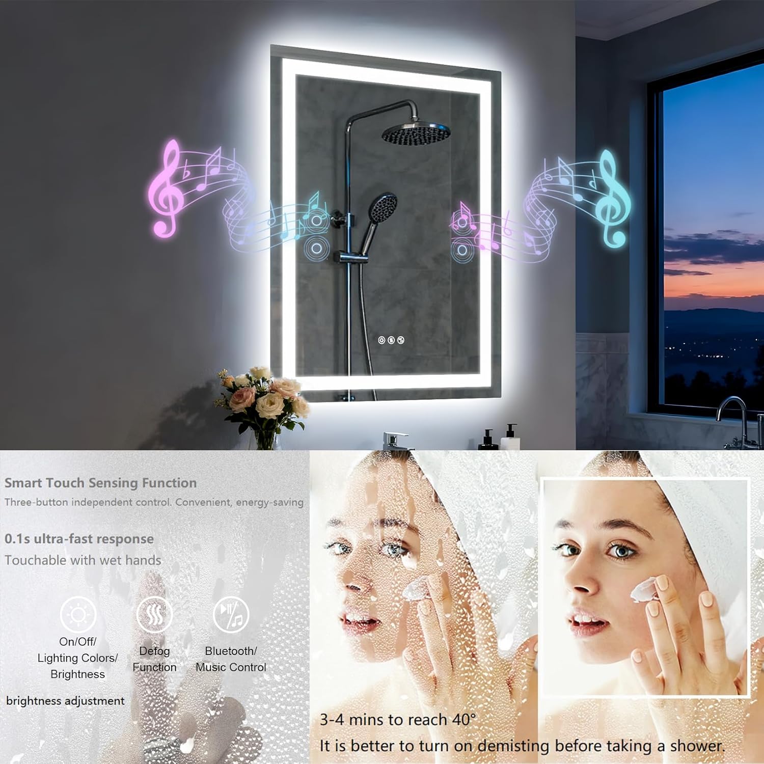 24"x32" LED Bathroom Mirror with Lights,Bluetooth Dual Speaker,Anti-Fog,3 Color Temperature,Dimmable Brightness,Memory Function,Waterproof,Wall Mount Design,Tempered Glass