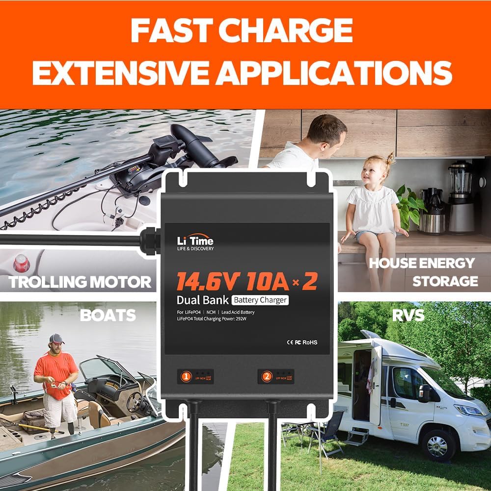LiTime 2-Bank 10A (10A/Bank) Dual Smart Battery Charger, 14.6V LiFePO4 Battery Charger AC-DC Charger with Fuse, LED Indicator for RV, Boat, Motorcycle, Lawn Mower, Trolling motor and Lead Acid Battery